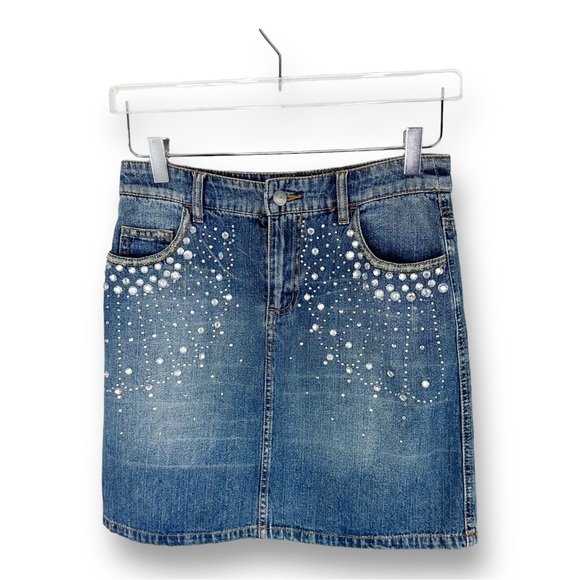 Cache Dresses & Skirts - Cache Rhinestone Crystal Embellished Mid-Wash Bling Denim Jean Skirt Sz 0